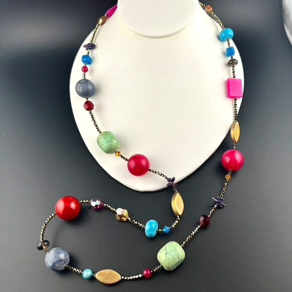 Emily Ray Colorful Multi Stone & Crystal Long Statement Necklace - Picture 2 of 9